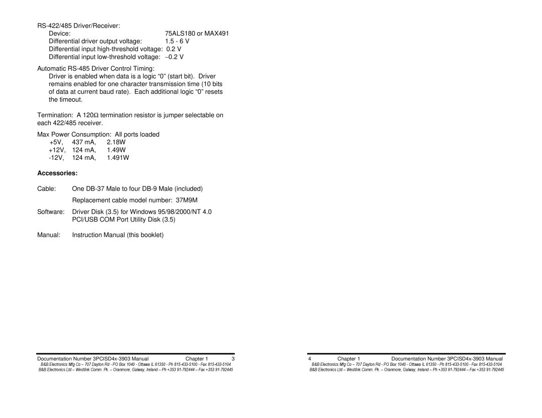 B&B Electronics 3PCISD4A, 3PCISD4B manual Accessories, Documentation Number 3PCISD4x-3903 Manual Chapter 