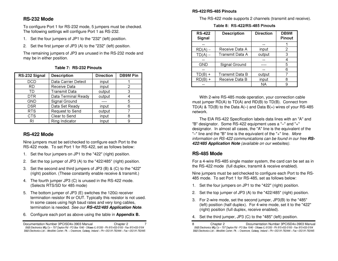 B&B Electronics 3PCISD4B, 3PCISD4A manual RS-232 Mode, RS-422 Mode, RS-485 Mode 