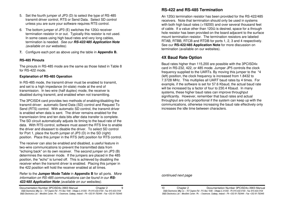 B&B Electronics 3PCISD4A, 3PCISD4B manual RS-422 and RS-485 Termination, 4X Baud Rate Option, RS-485 Pinouts 