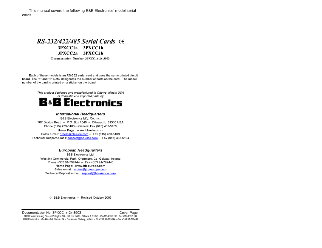 B&B Electronics 3PXCC2b, 3PXCC1A, 3PXCC1b, 3PXCC2a manual RS-232/422/485 Serial Cards CE 