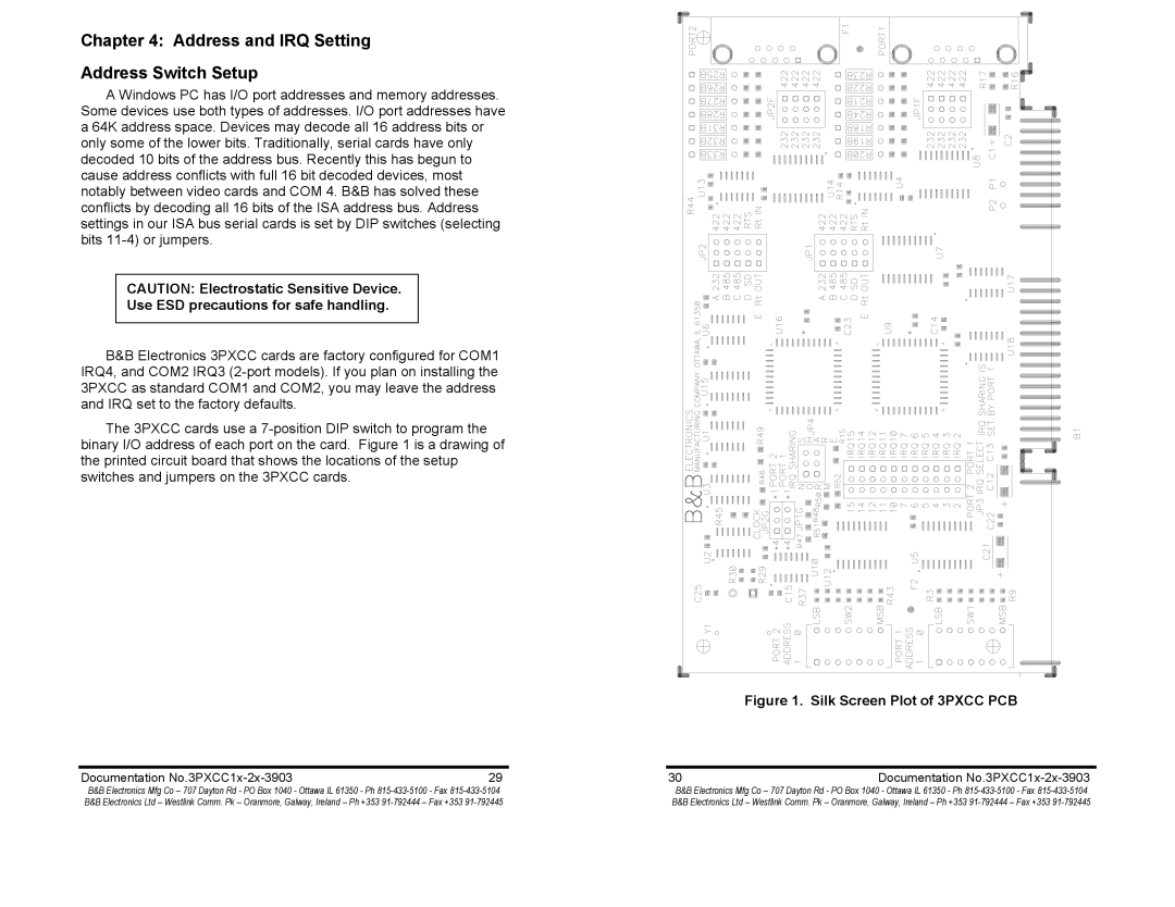 B&B Electronics 3PXCC2b, 3PXCC1A, 3PXCC1b manual Address and IRQ Setting Address Switch Setup, Silk Screen Plot of 3PXCC PCB 