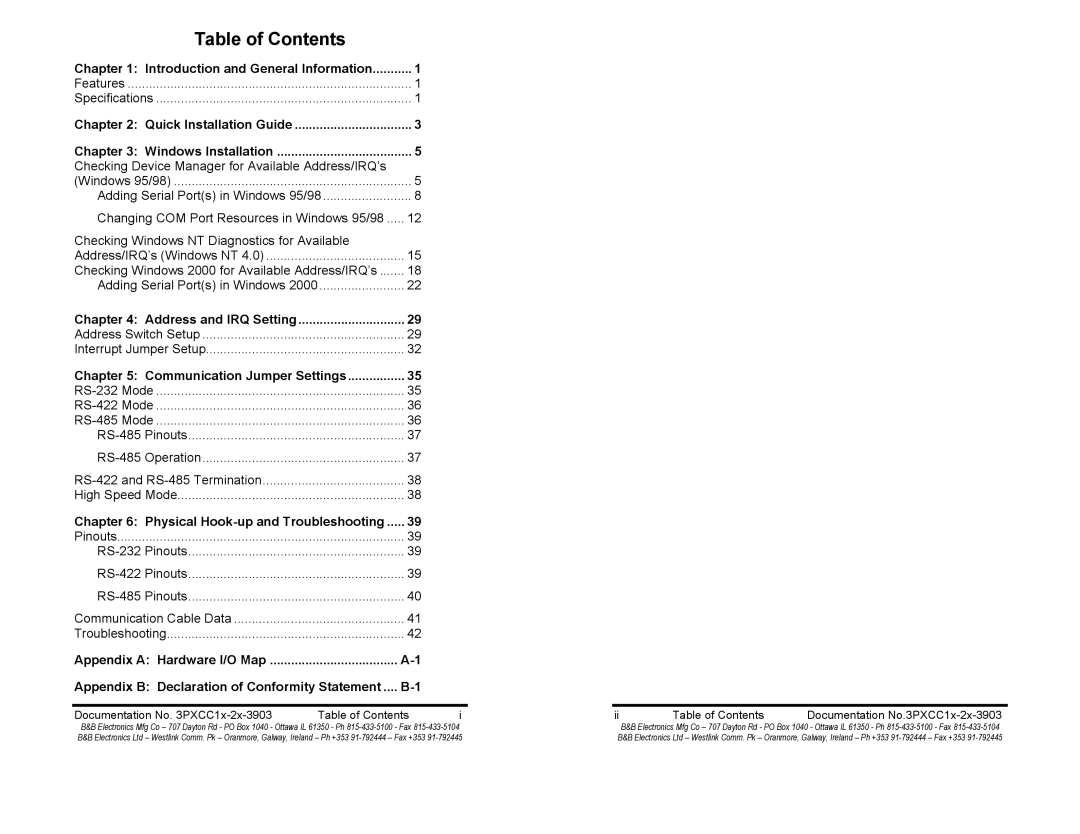 B&B Electronics 3PXCC1b, 3PXCC1A, 3PXCC2b, 3PXCC2a manual Table of Contents 