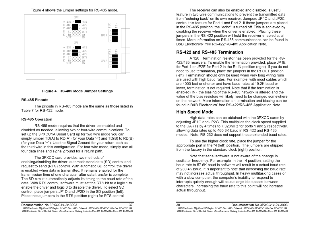 B&B Electronics 3PXCC2b, 3PXCC1A, 3PXCC1b, 3PXCC2a manual RS-422 and RS-485 Termination, High Speed Mode, RS-485 Operation 