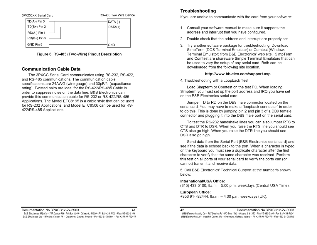 B&B Electronics 3PXCC2a, 3PXCC1A manual Troubleshooting, Communication Cable Data, International/USA Office, European Office 