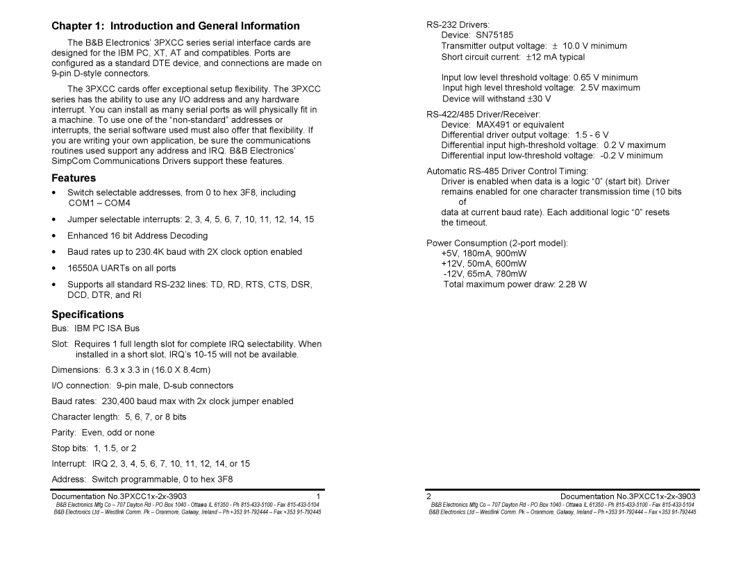 B&B Electronics 3PXCC2a, 3PXCC1A, 3PXCC2b, 3PXCC1b manual Introduction and General Information, Features, Specifications 