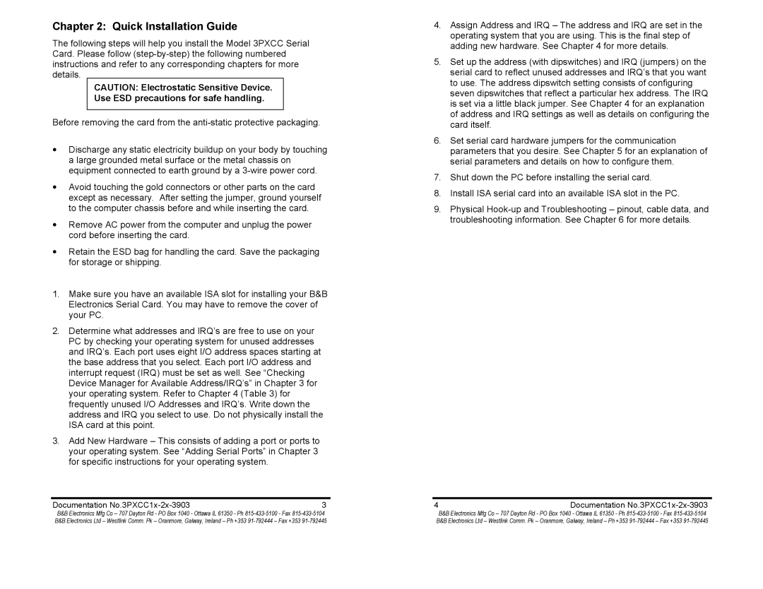 B&B Electronics 3PXCC1A, 3PXCC2b, 3PXCC1b, 3PXCC2a manual Quick Installation Guide, Use ESD precautions for safe handling 