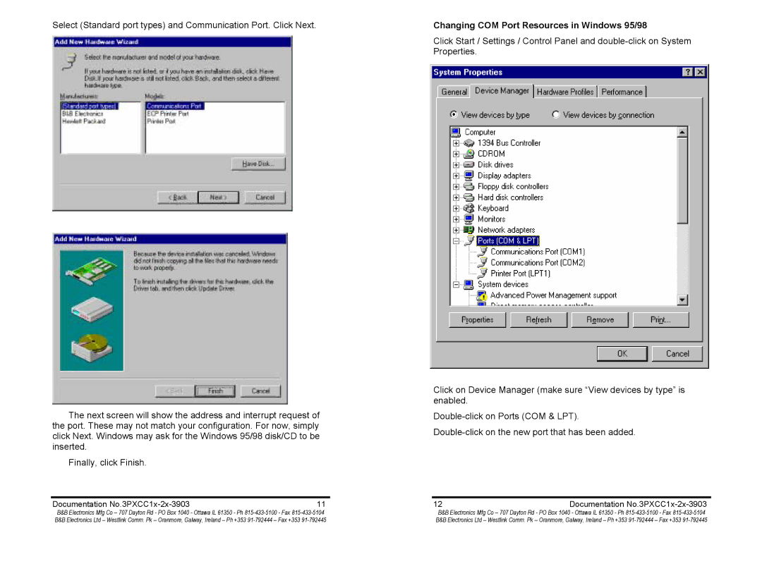 B&B Electronics 3PXCC1A, 3PXCC2b, 3PXCC1b, 3PXCC2a manual Changing COM Port Resources in Windows 95/98 