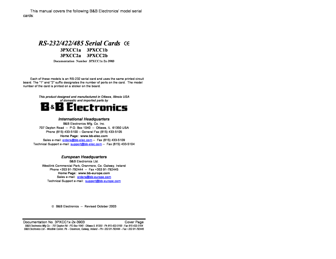 B&B Electronics manual RS-232/422/485 Serial Cards CE, 3PXCC1a 3PXCC1b 3PXCC2a 3PXCC2b, International Headquarters 
