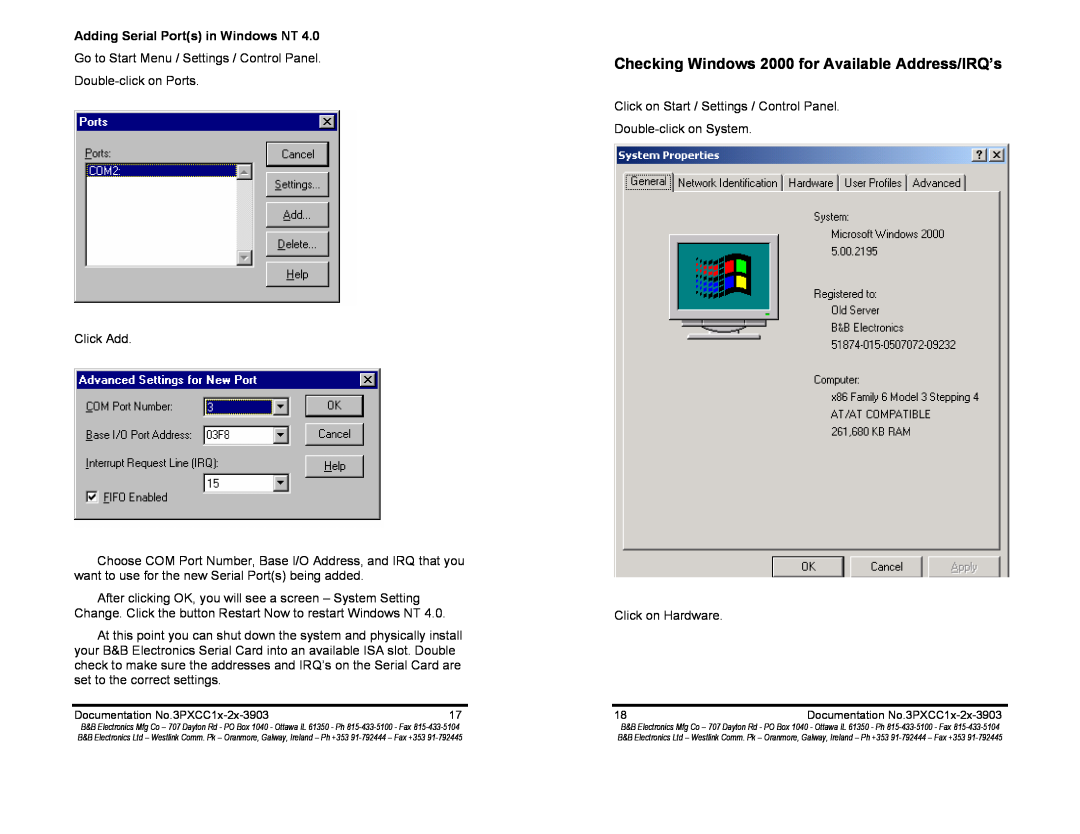 B&B Electronics 3PXCC2a, 3PXCC1A manual Checking Windows 2000 for Available Address/IRQ’s, Adding Serial Ports in Windows NT 