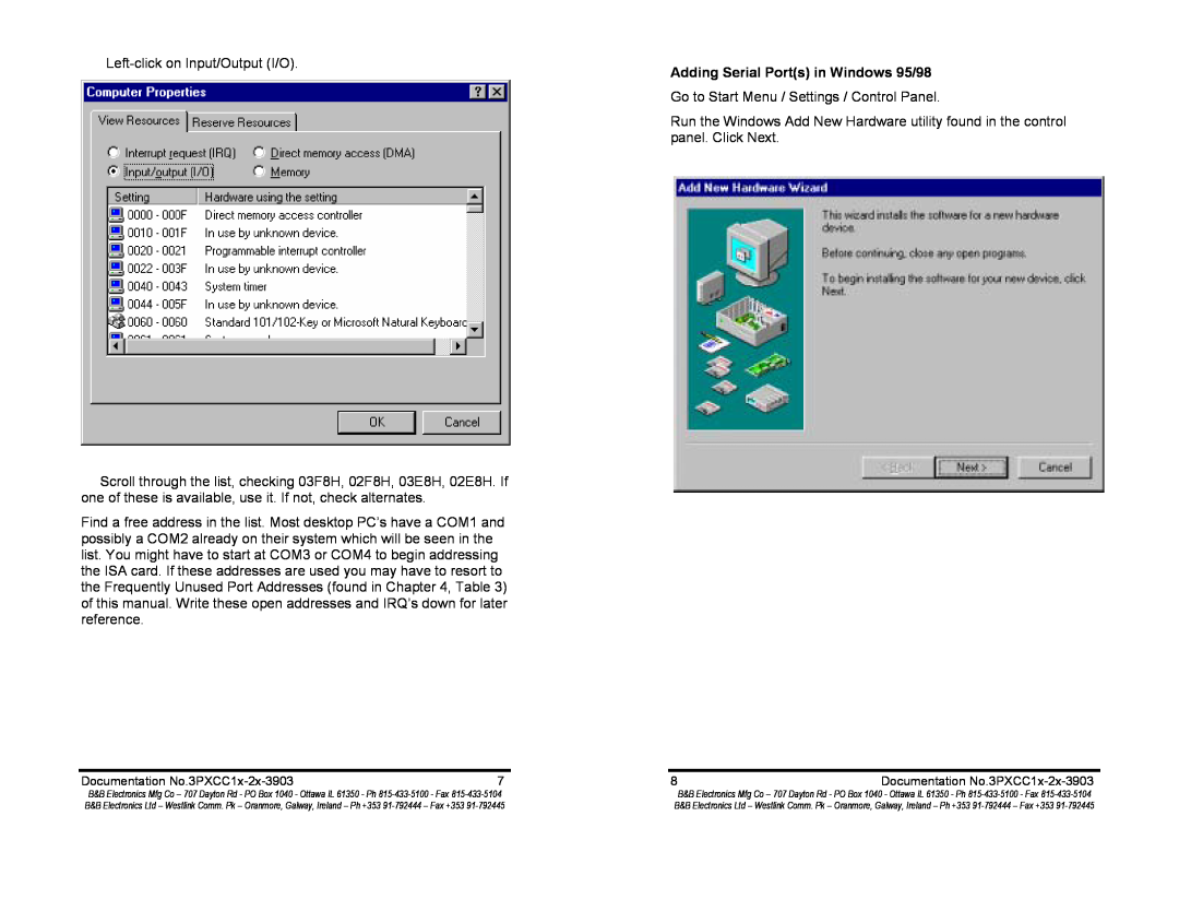 B&B Electronics 3PXCC1b, 3PXCC1A, 3PXCC2b, 3PXCC2a manual Adding Serial Ports in Windows 95/98 