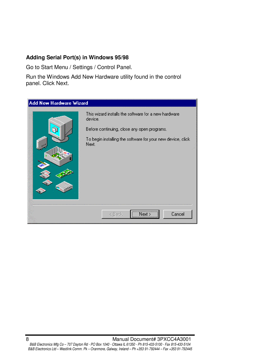 B&B Electronics 3PXCC4A manual Adding Serial Ports in Windows 95/98 