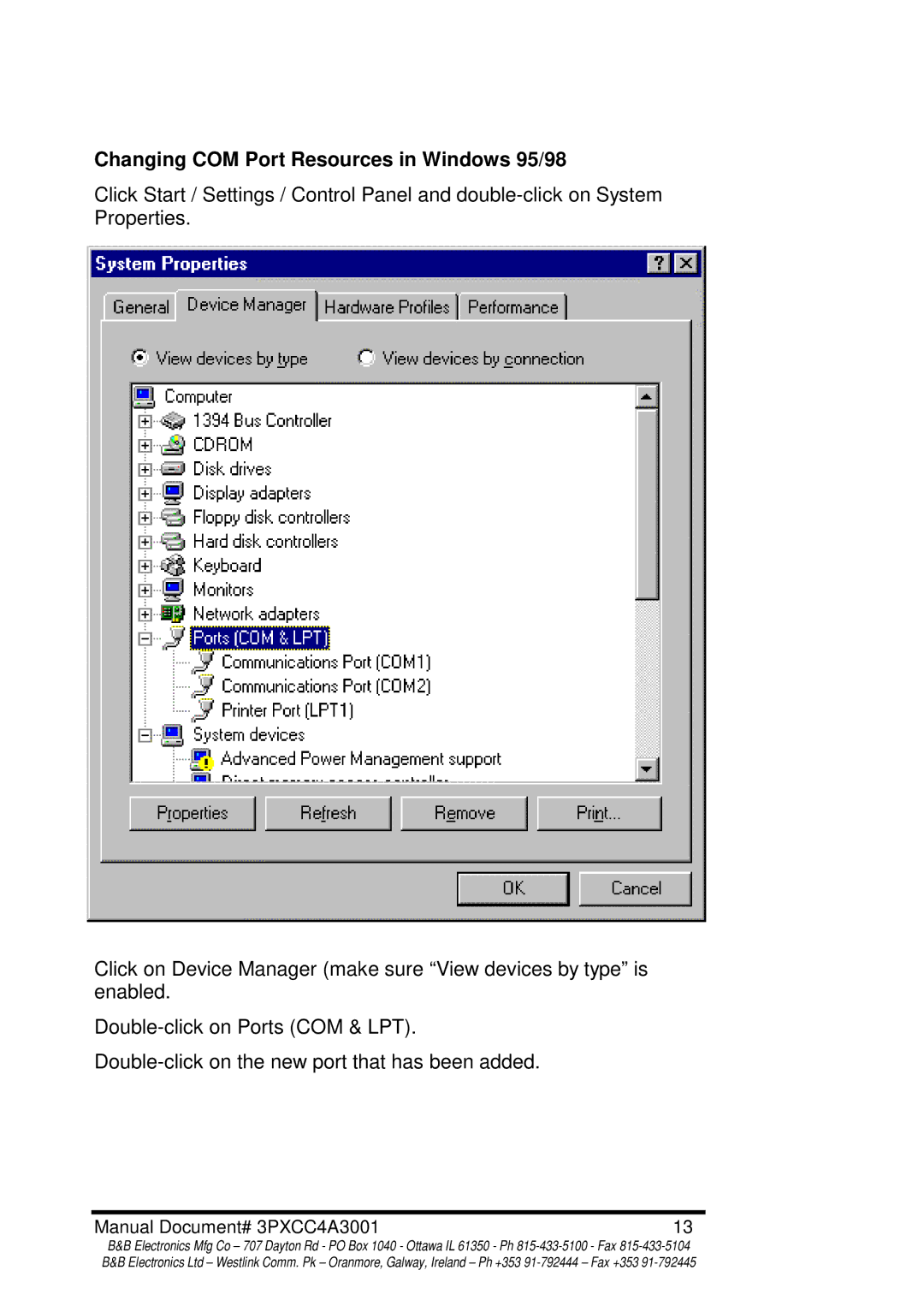 B&B Electronics 3PXCC4A manual Changing COM Port Resources in Windows 95/98 