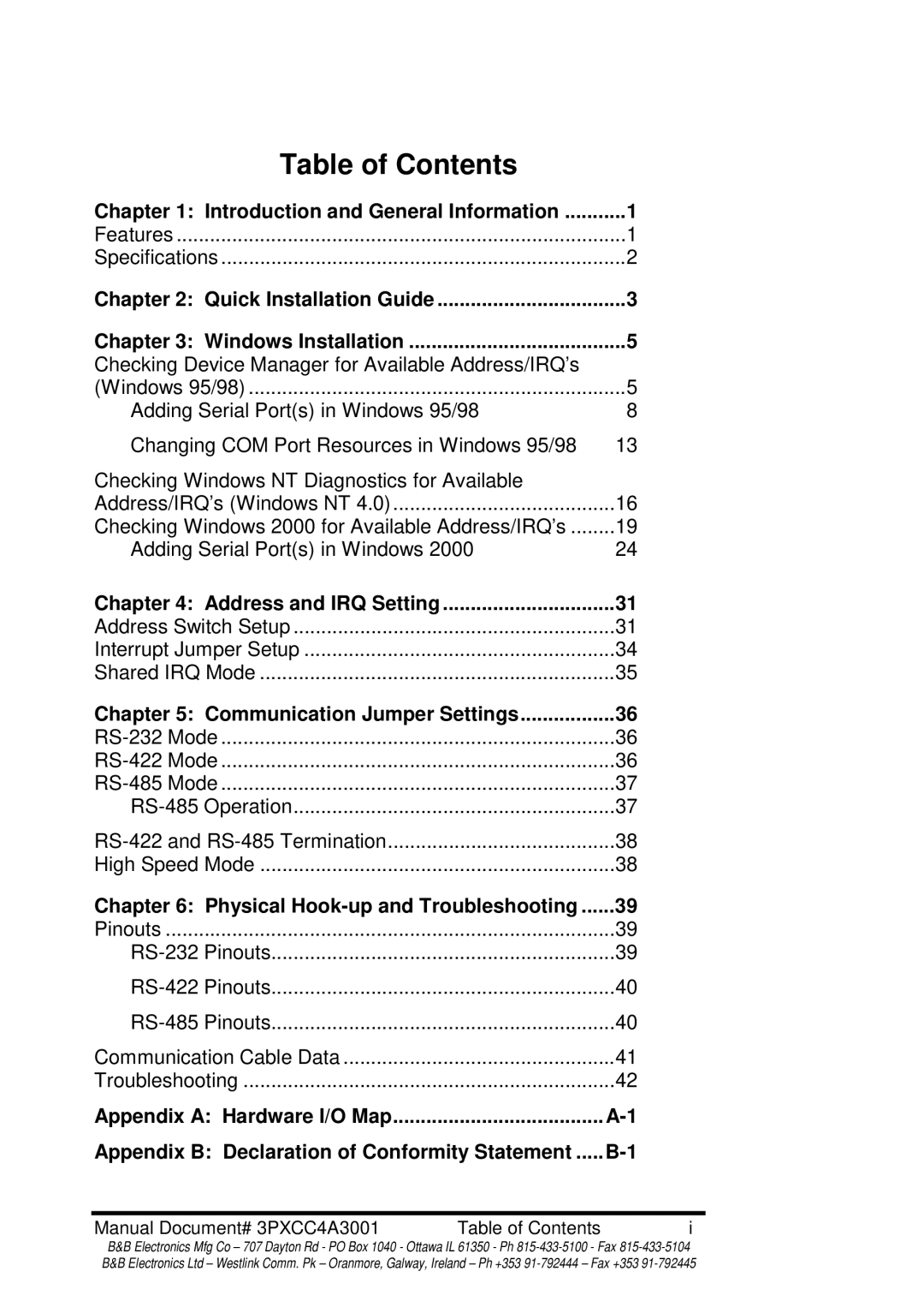 B&B Electronics 3PXCC4A manual Table of Contents 