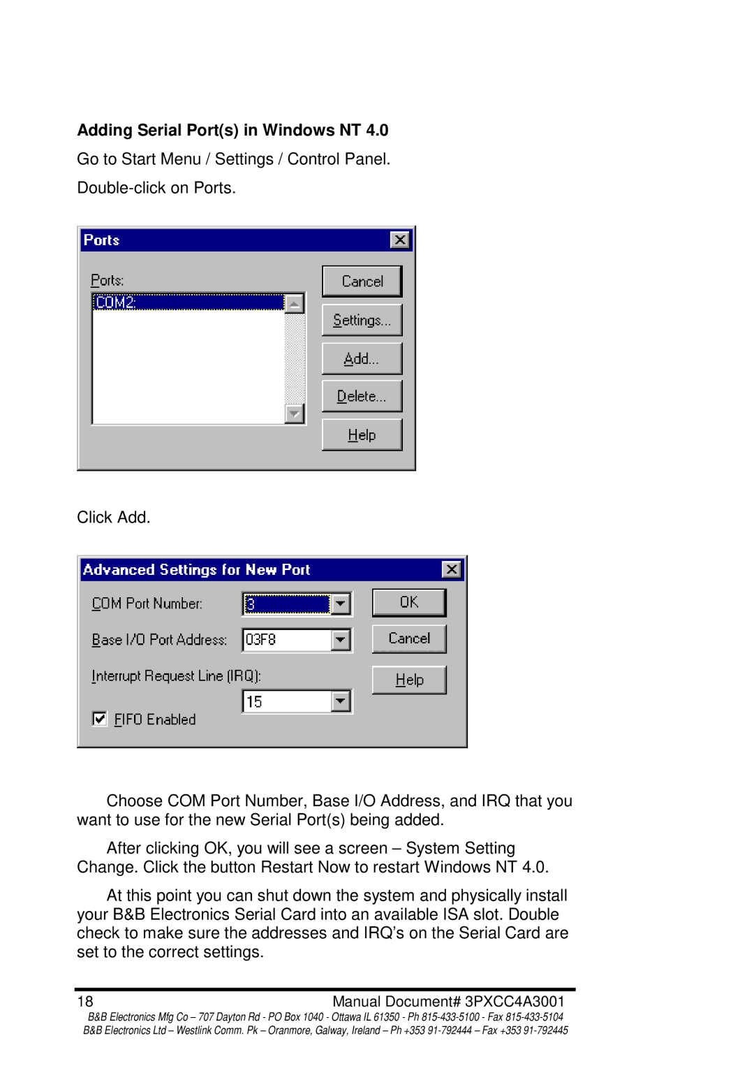 B&B Electronics 3PXCC4A manual Adding Serial Ports in Windows NT 