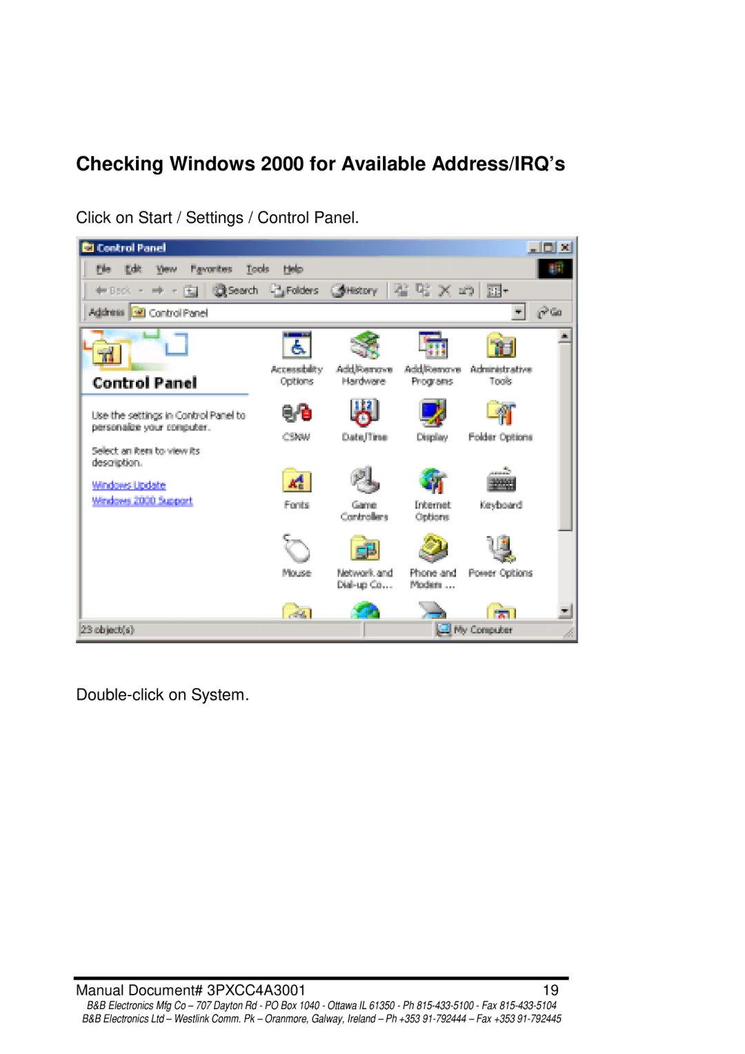 B&B Electronics 3PXCC4A manual Checking Windows 2000 for Available Address/IRQ’s 