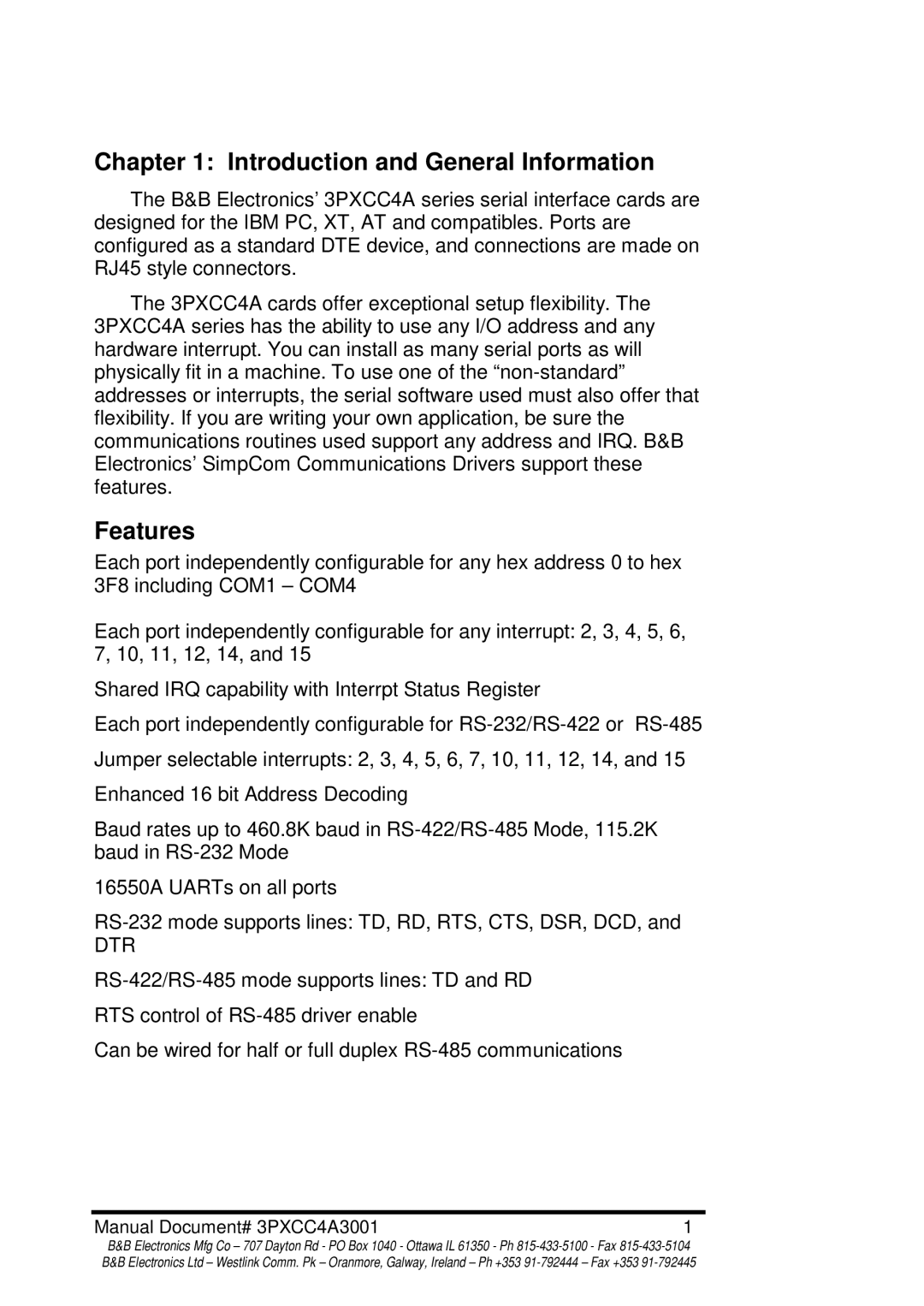 B&B Electronics 3PXCC4A manual Introduction and General Information, Features 