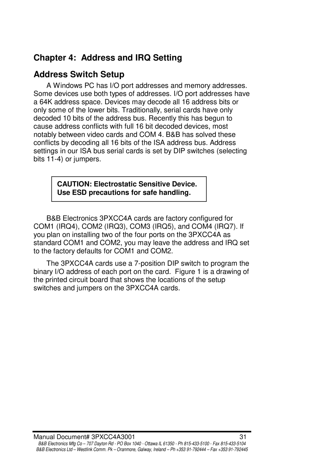 B&B Electronics 3PXCC4A manual Address and IRQ Setting Address Switch Setup, Use ESD precautions for safe handling 