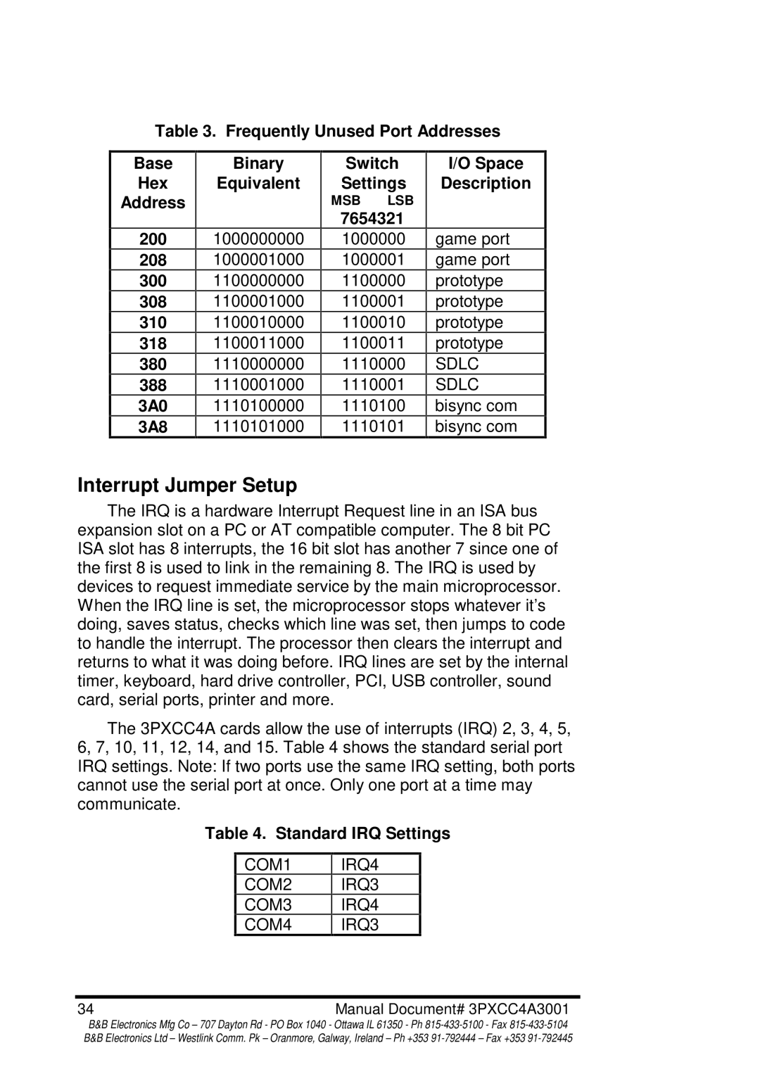 B&B Electronics 3PXCC4A manual Interrupt Jumper Setup, Space Description, Standard IRQ Settings 