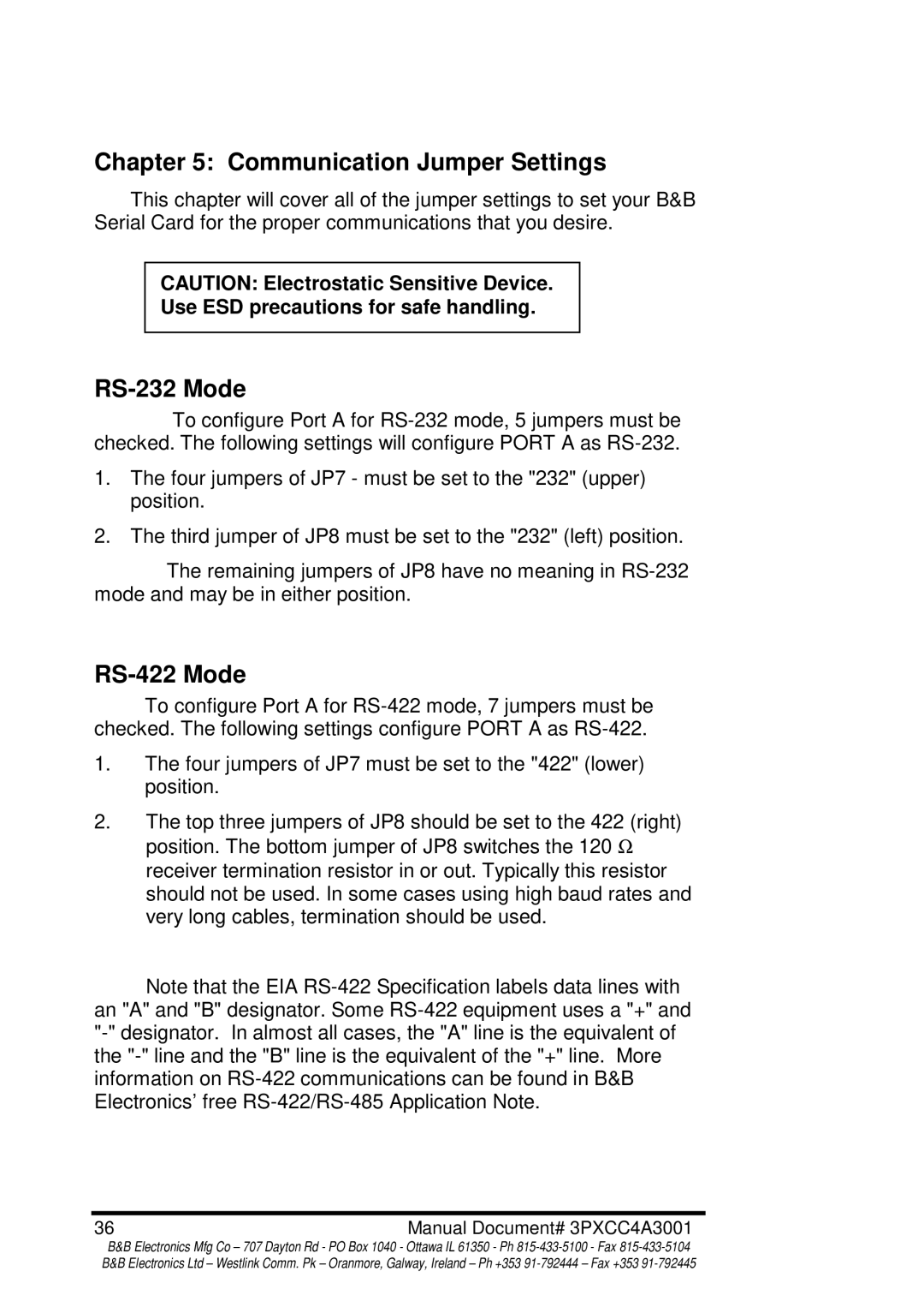 B&B Electronics 3PXCC4A manual Communication Jumper Settings, RS-232 Mode, RS-422 Mode 