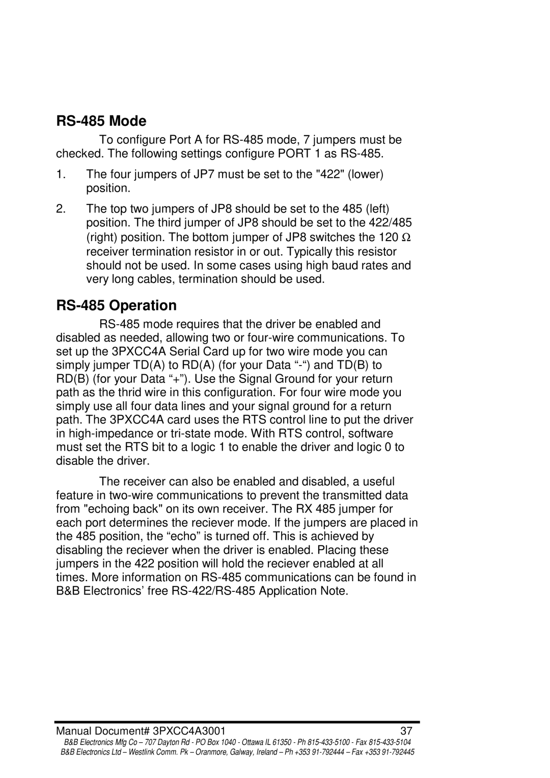 B&B Electronics 3PXCC4A manual RS-485 Mode, RS-485 Operation 