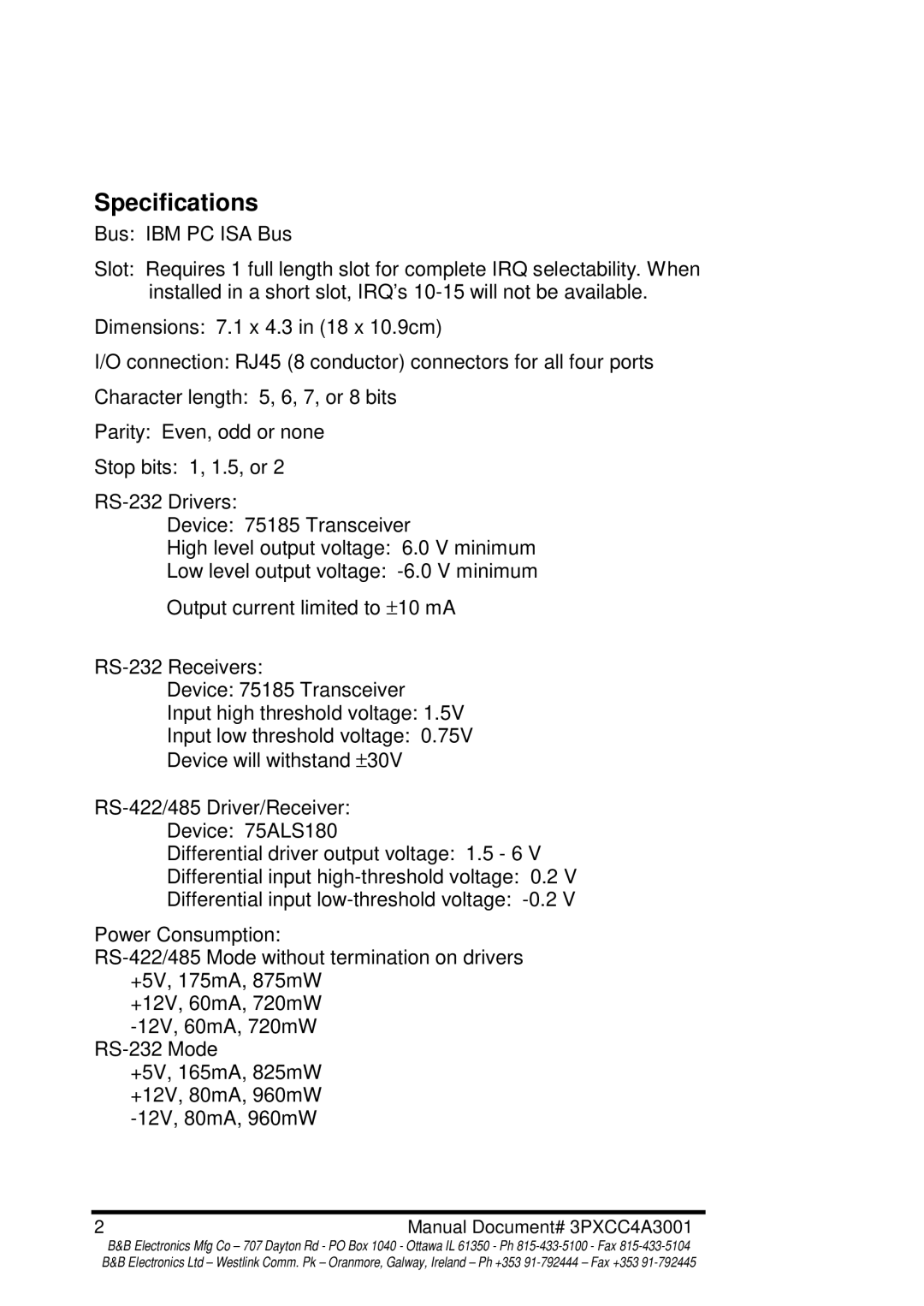 B&B Electronics 3PXCC4A manual Specifications 