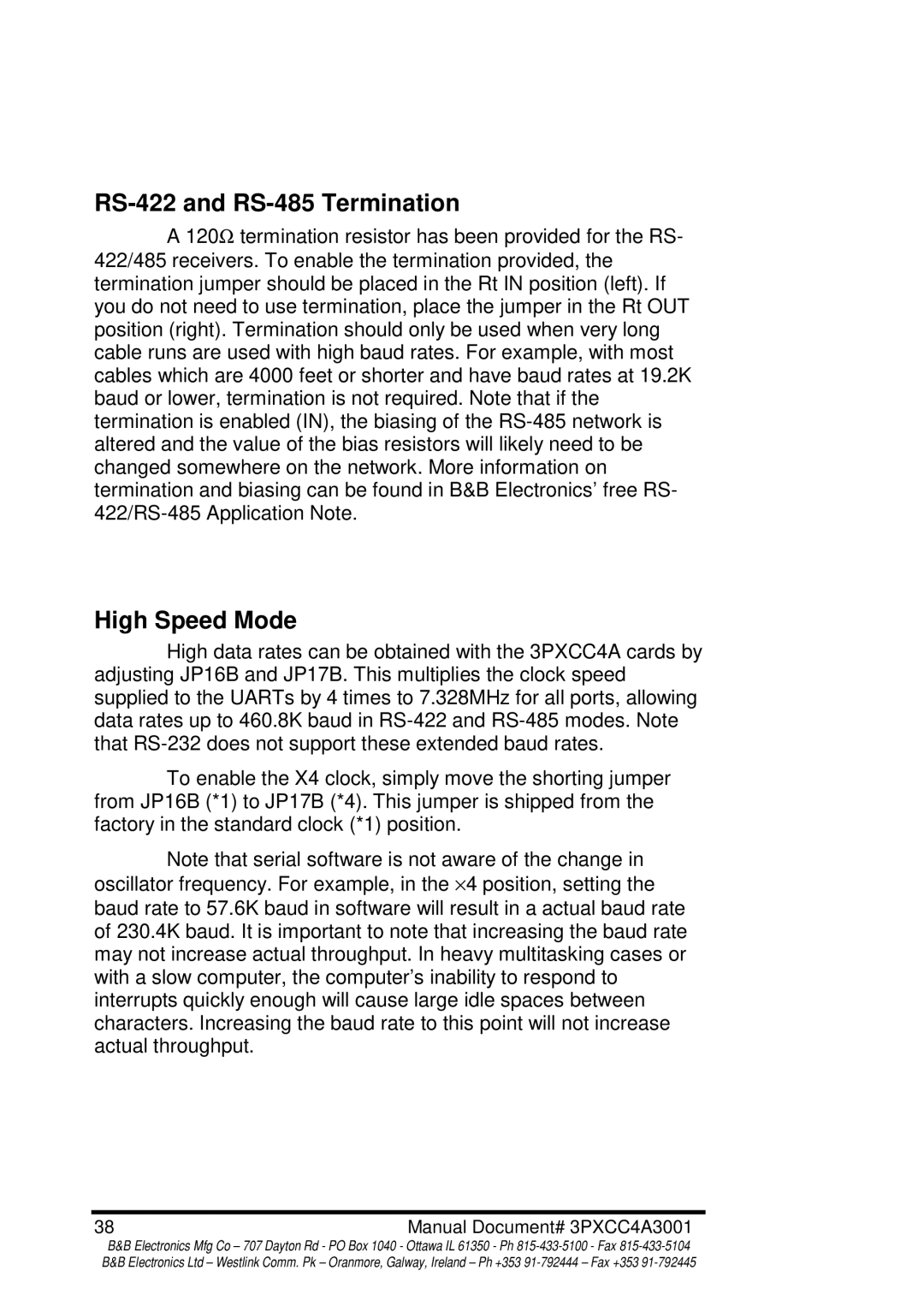 B&B Electronics 3PXCC4A manual RS-422 and RS-485 Termination, High Speed Mode 