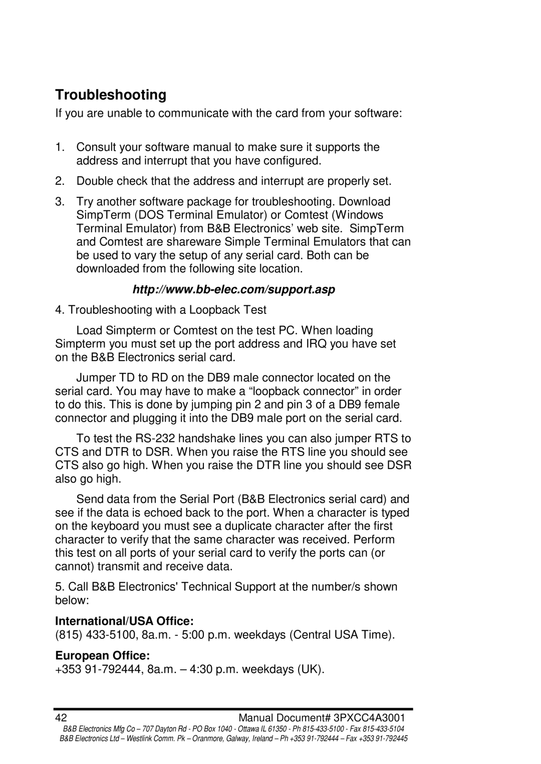 B&B Electronics 3PXCC4A manual Troubleshooting, International/USA Office, European Office 