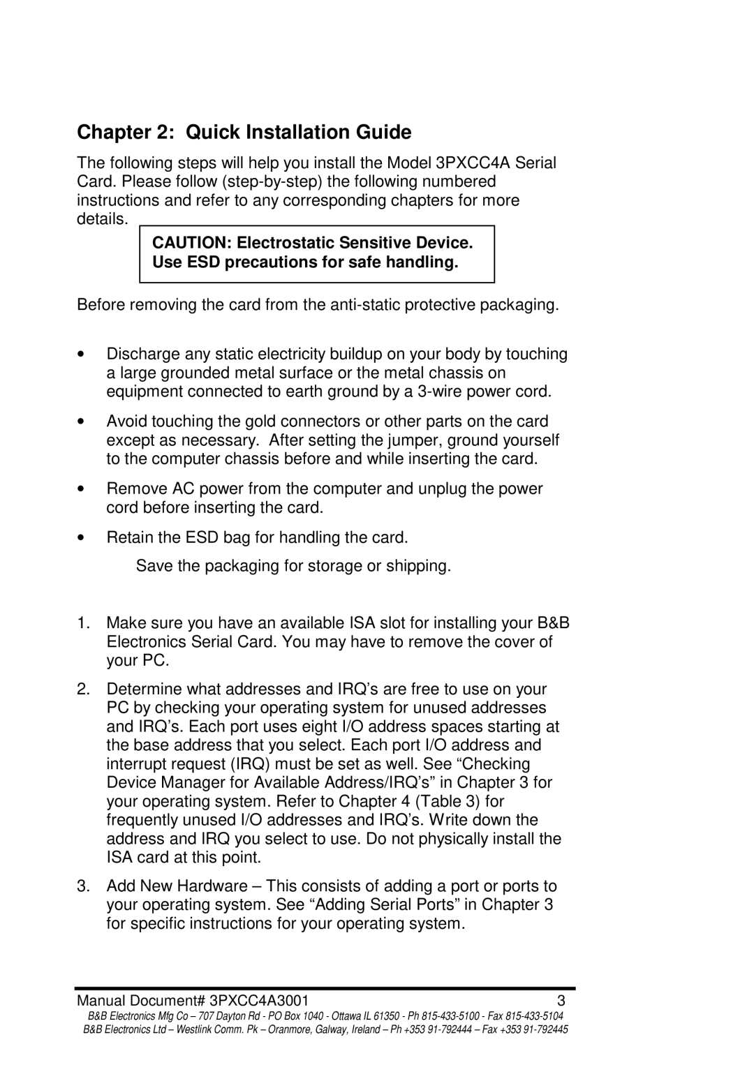 B&B Electronics 3PXCC4A manual Quick Installation Guide, Use ESD precautions for safe handling 