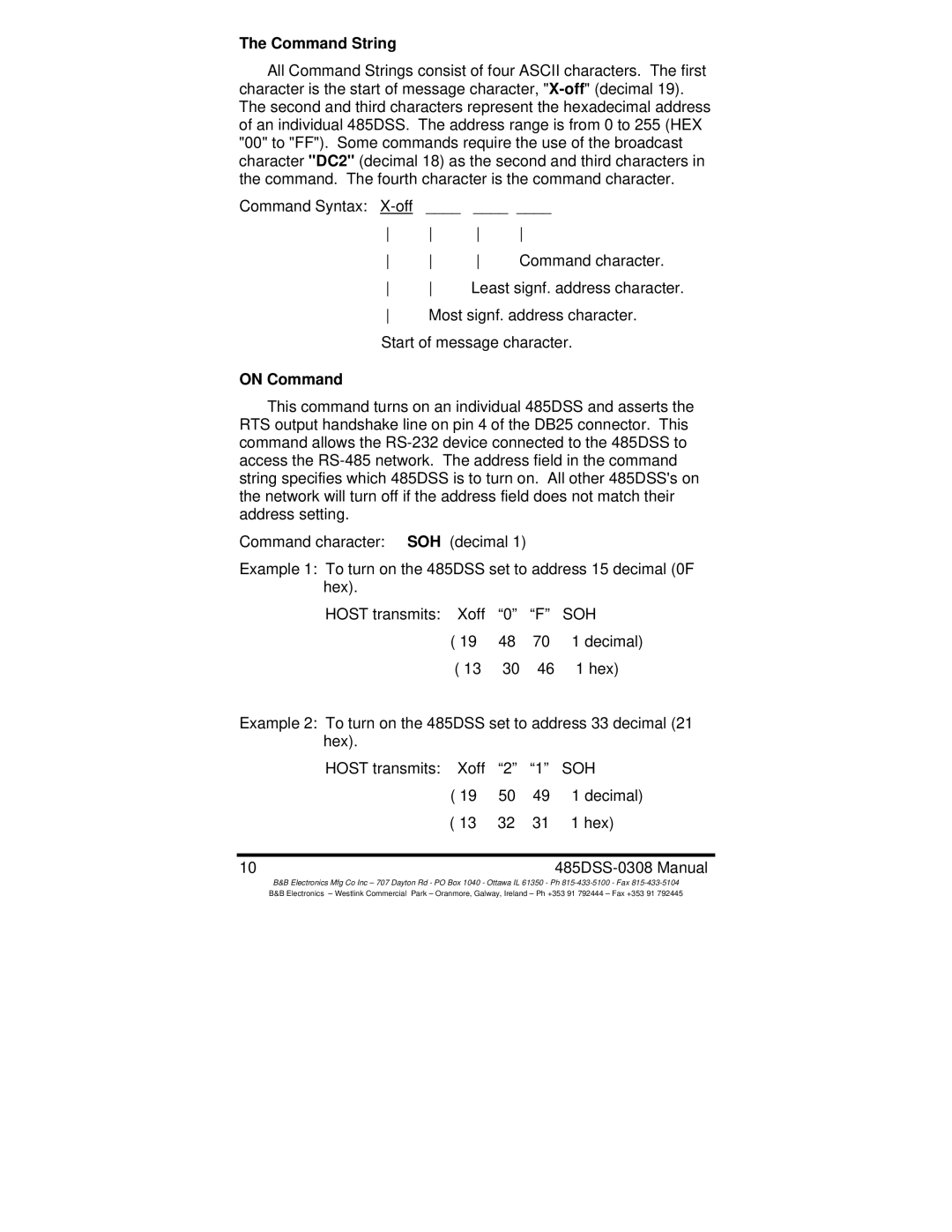 B&B Electronics manual Command String, On Command, Decimal, Hex, 10485DSS-0308 Manual 