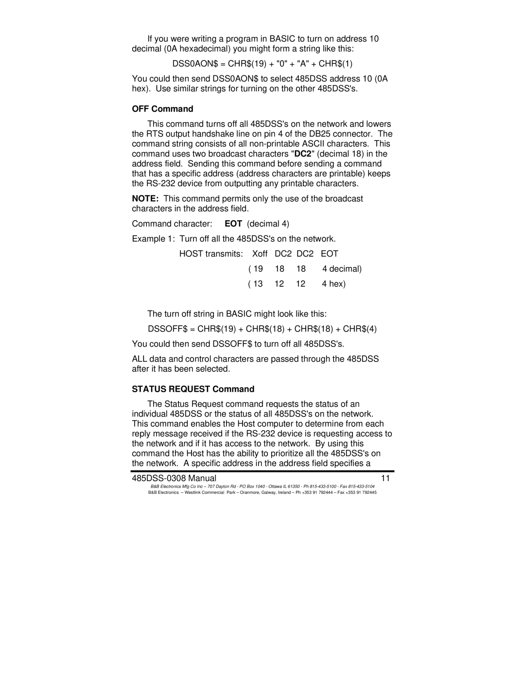 B&B Electronics 485DSS manual OFF Command, Status Request Command 