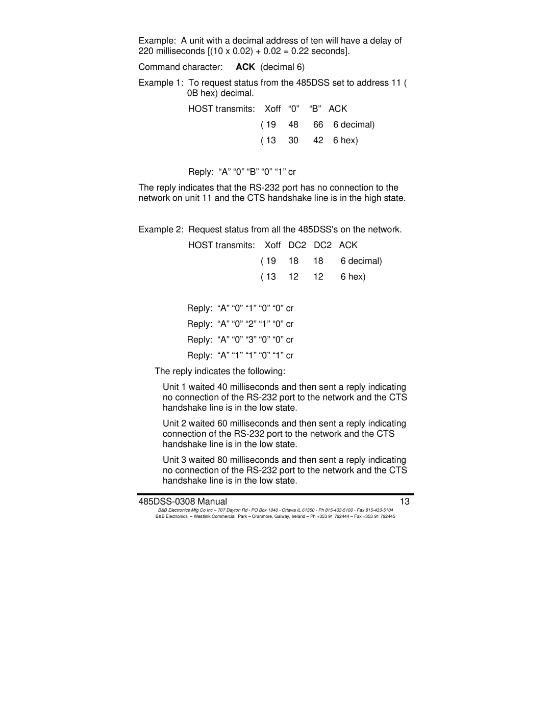 B&B Electronics 485DSS manual Ack 