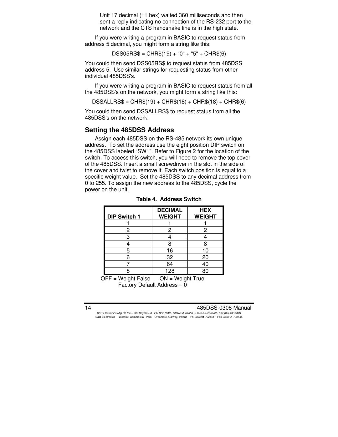 B&B Electronics manual Setting the 485DSS Address, Address Switch, DIP Switch 