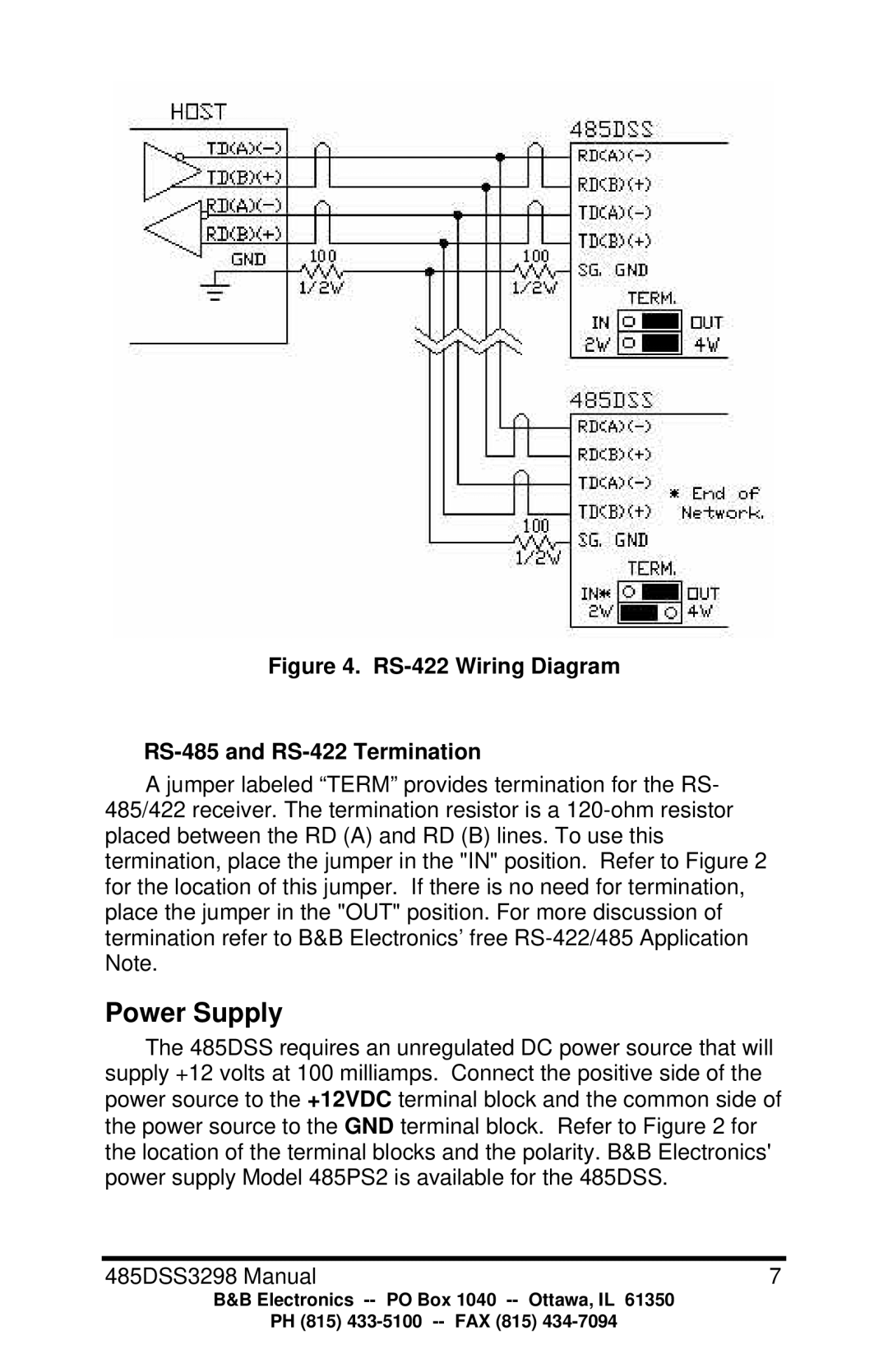 B&B Electronics 485DSS manual Power Supply, RS-422 Wiring Diagram RS-485 and RS-422 Termination 