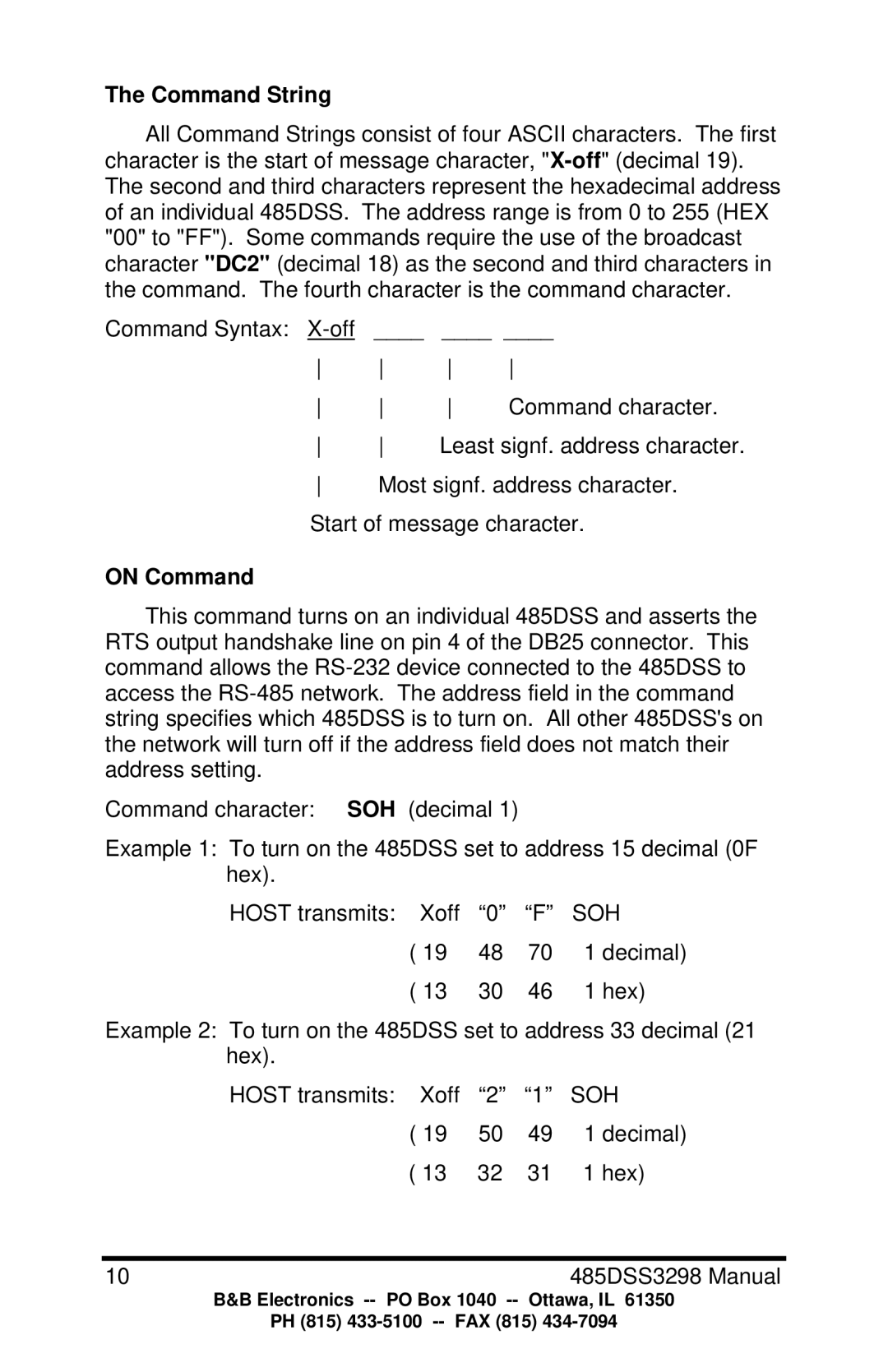 B&B Electronics 485DSS manual Command String, On Command 