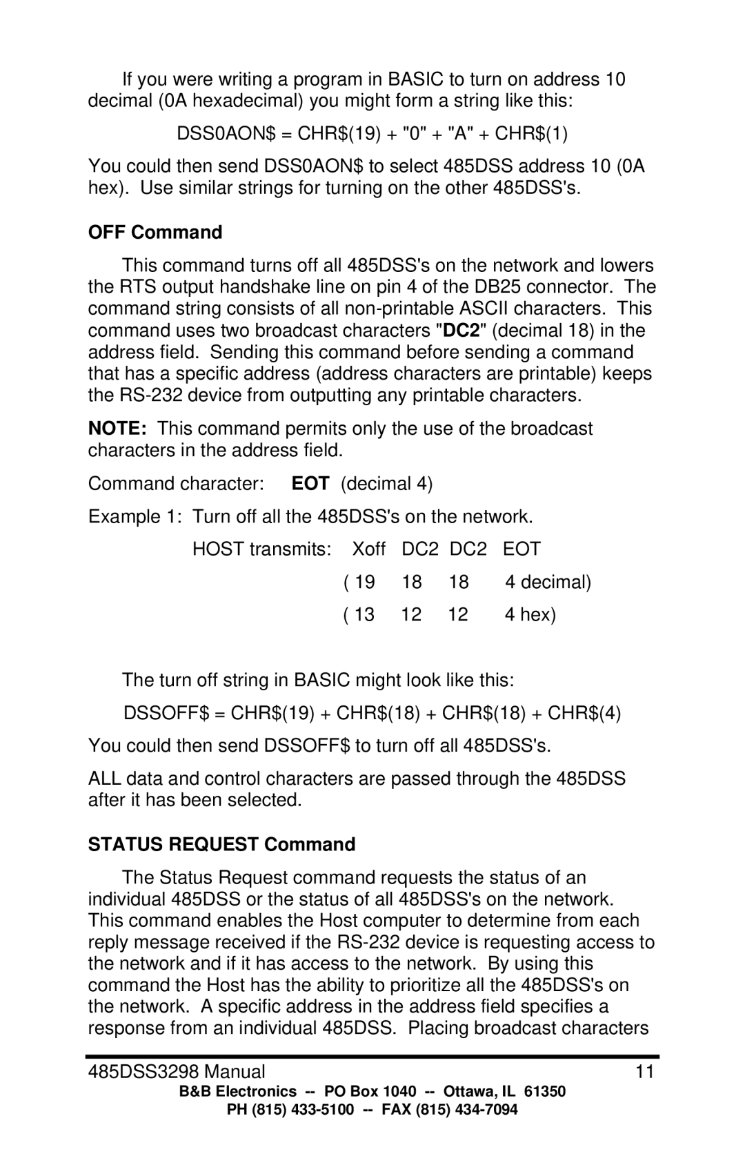 B&B Electronics 485DSS manual OFF Command, Status Request Command 