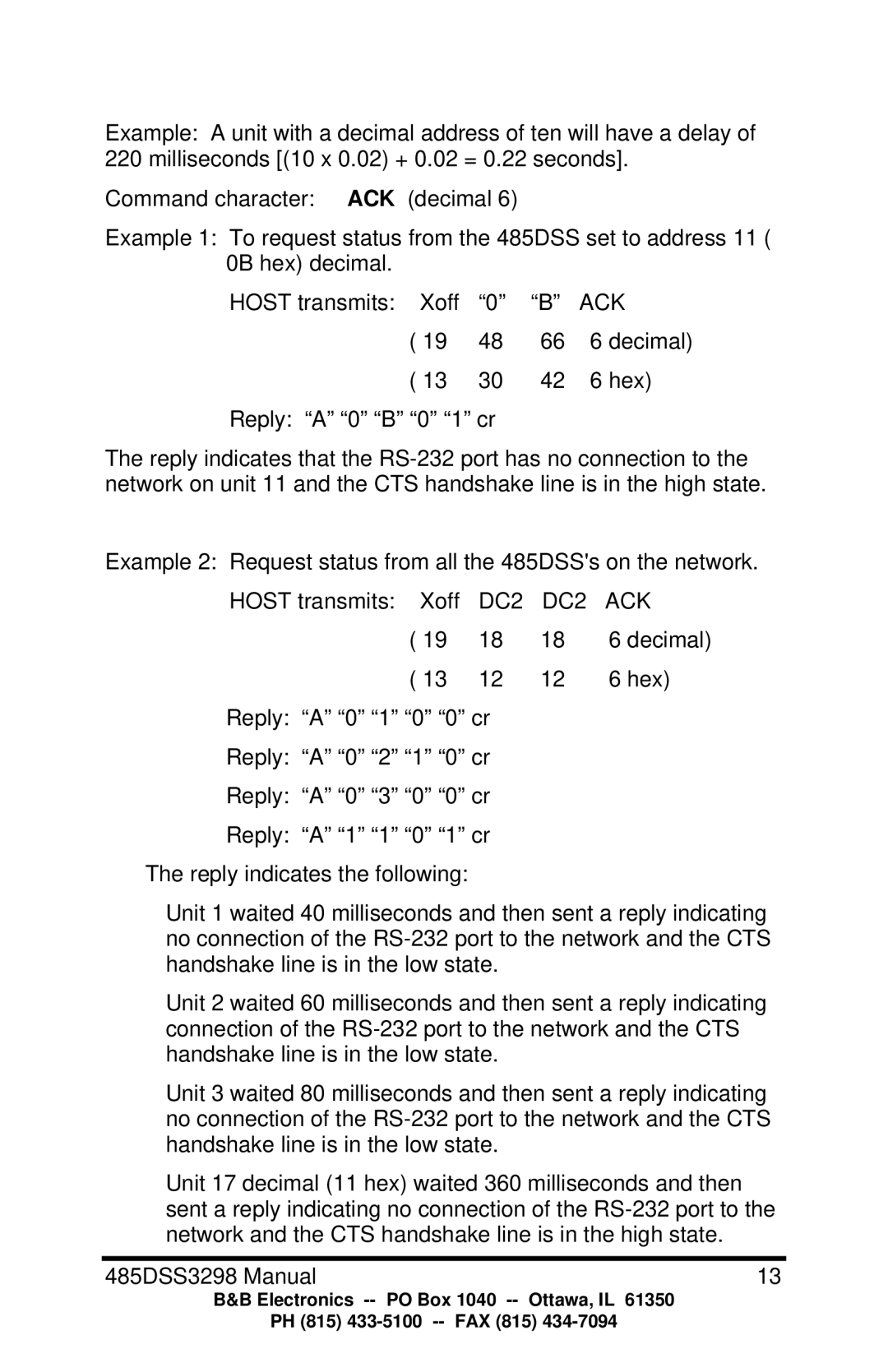 B&B Electronics 485DSS manual Ack 