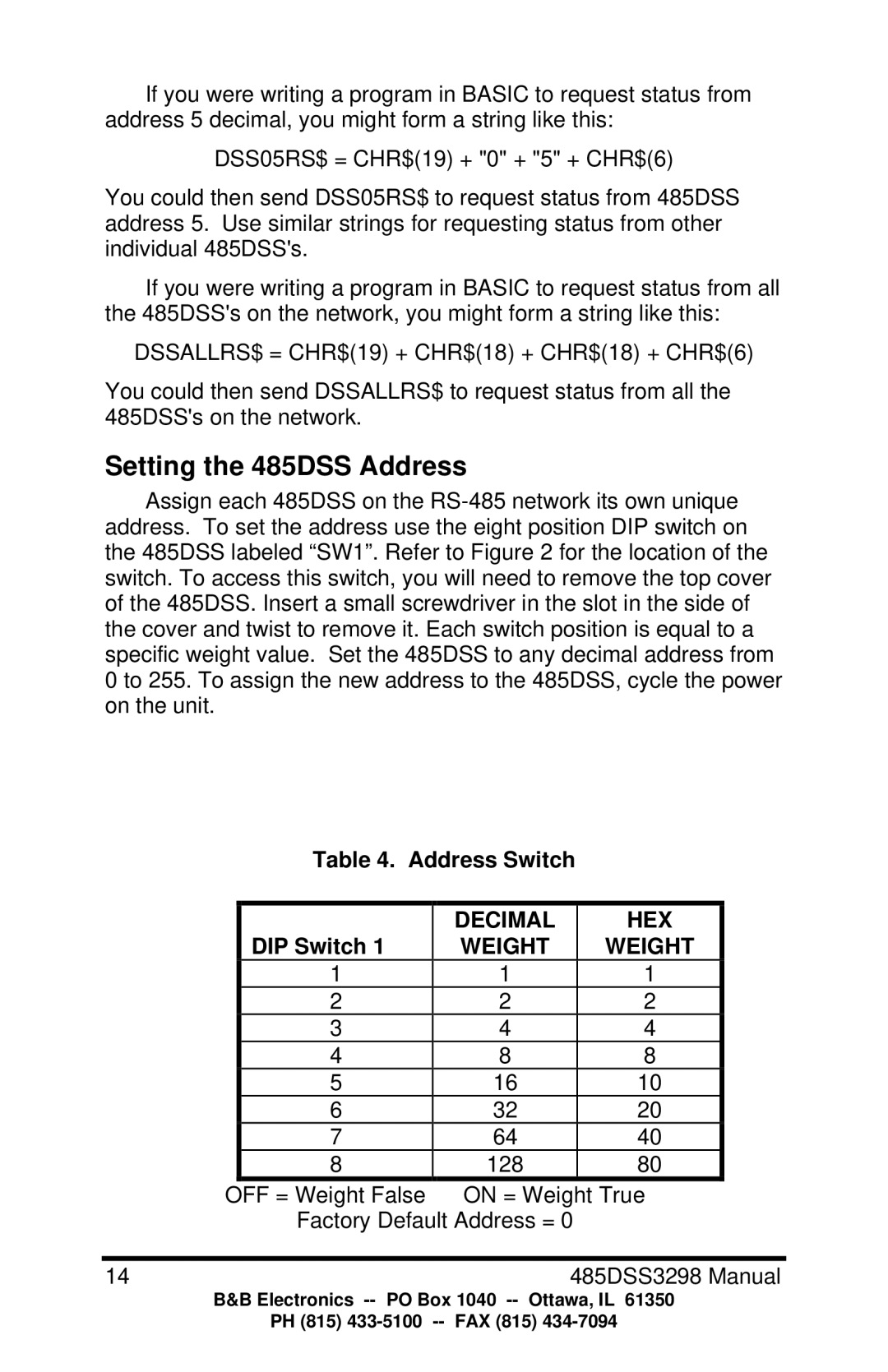 B&B Electronics manual Setting the 485DSS Address, Address Switch, DIP Switch 