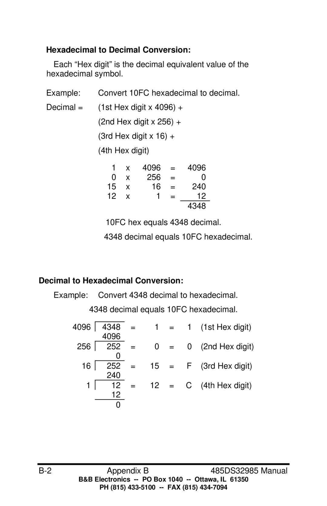 B&B Electronics 485DSS manual Hexadecimal to Decimal Conversion, Decimal to Hexadecimal Conversion 