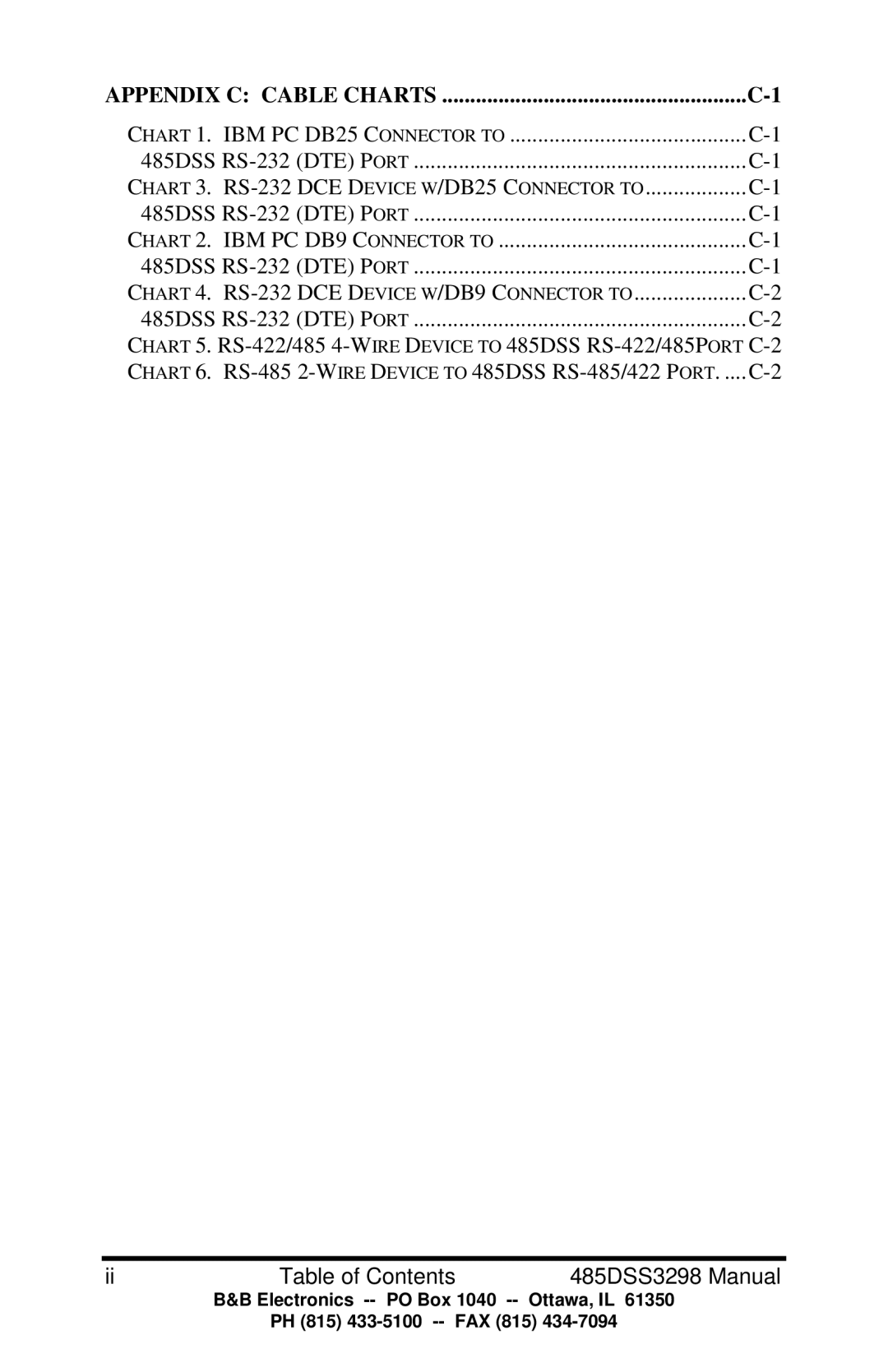 B&B Electronics 485DSS manual Appendix C Cable Charts 