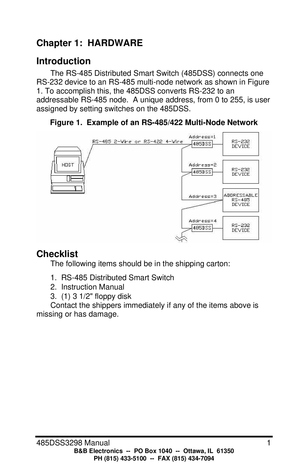 B&B Electronics 485DSS manual Hardware Introduction, Checklist 