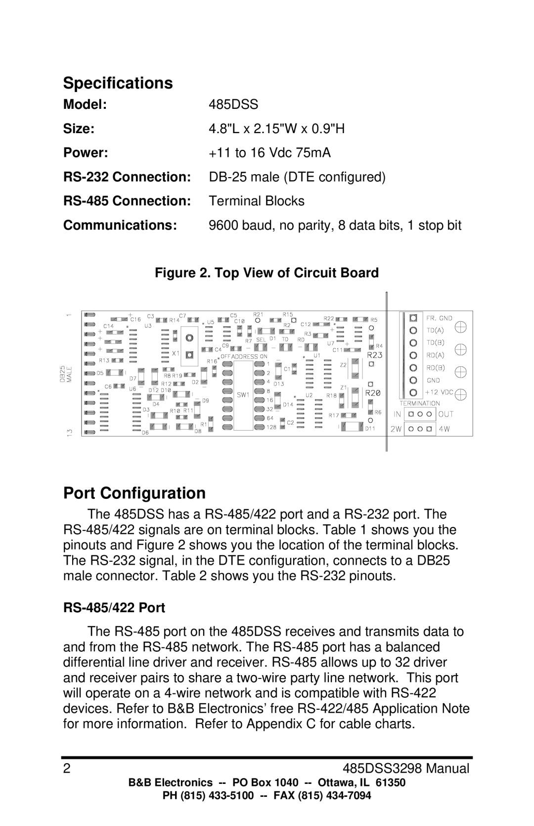 B&B Electronics 485DSS manual Specifications, Port Configuration, RS-485/422 Port 