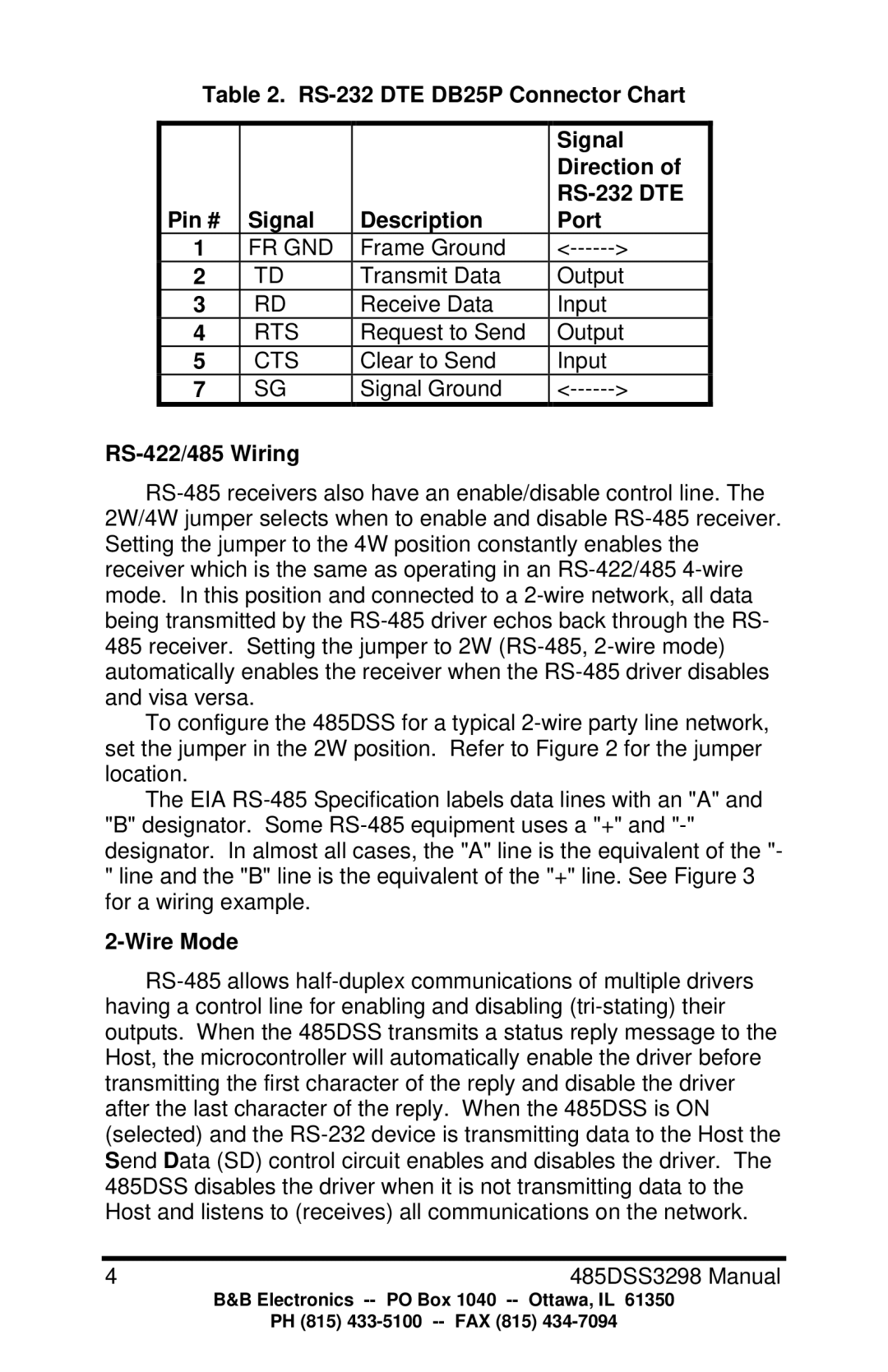 B&B Electronics 485DSS manual RS-422/485 Wiring, Wire Mode 