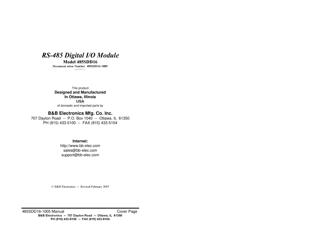 B&B Electronics 485SDD16 manual Electronics Mfg. Co. Inc, Designed and Manufactured Ottawa, Illinois, Internet 