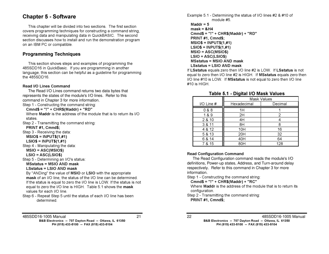 B&B Electronics 485SDD16 manual Software, Programming Techniques, Digital I/O Mask Values 