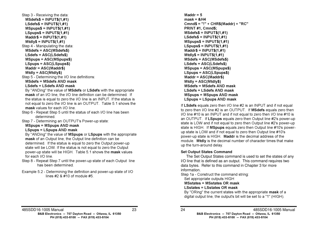 B&B Electronics 485SDD16 manual MSdefs = MSdefs and mask LSdefs = LSdefs and mask, Set Output States Command 