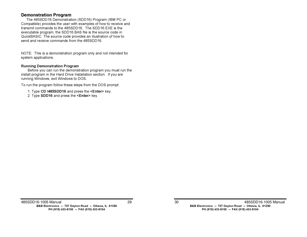 B&B Electronics 485SDD16 manual Running Demonstration Program 