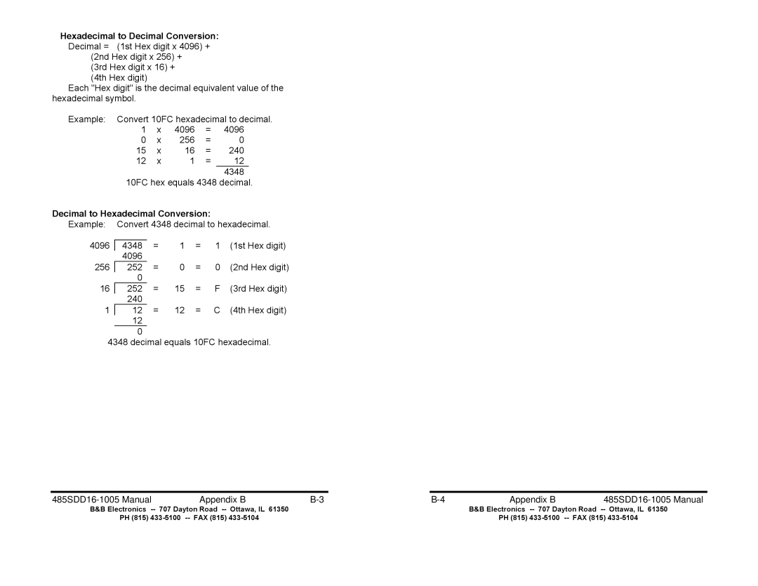 B&B Electronics manual Decimal to Hexadecimal Conversion, 252, 3rd Hex digit, 485SDD16-1005 Manual Appendix B 