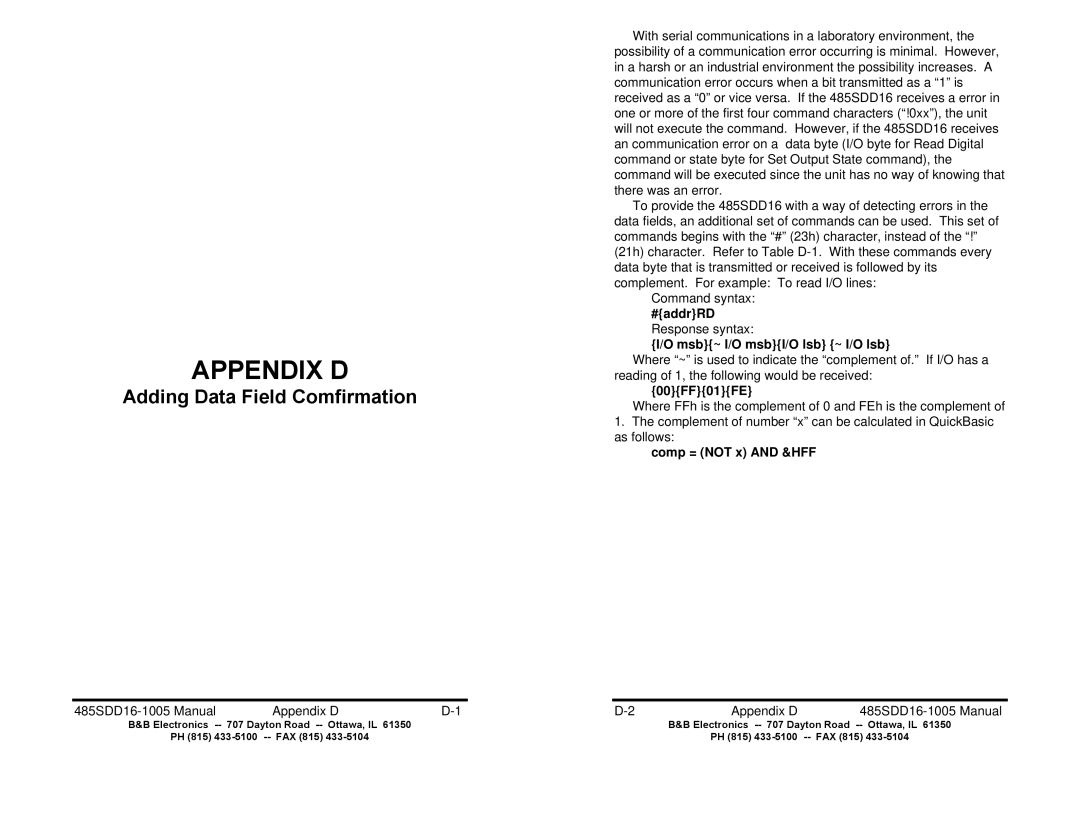 B&B Electronics 485SDD16 manual #addrRD, Msb~ I/O msbI/O lsb ~ I/O lsb, 00FF01FE, Comp = not x and &HFF 