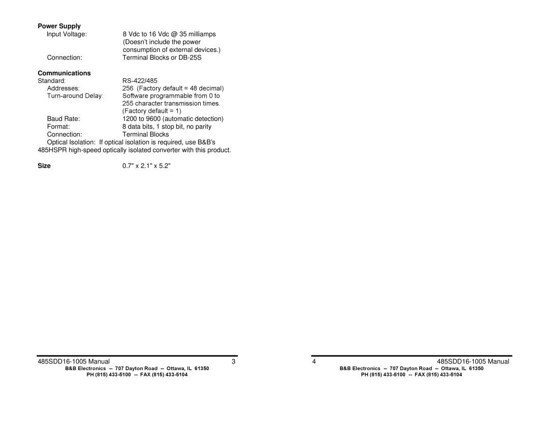 B&B Electronics 485SDD16 manual Power Supply, Communications, Size 