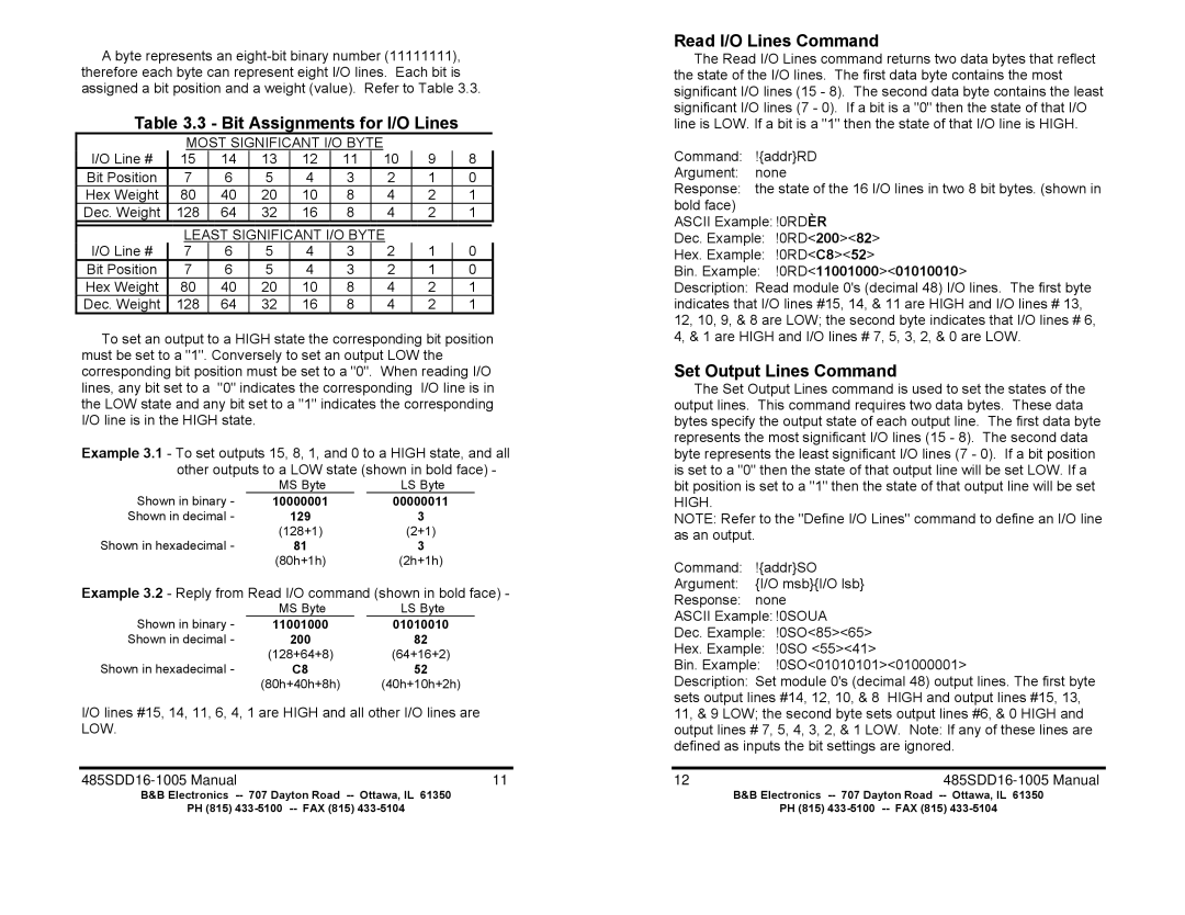 B&B Electronics 485SDD16 manual Bit Assignments for I/O Lines, Read I/O Lines Command, Set Output Lines Command 